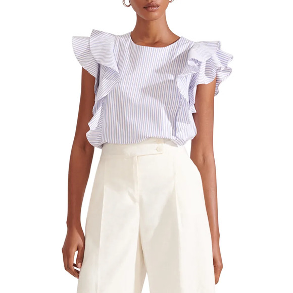 Veronica Beard Emert Striped Flutter Sleeve Ruffle Trim Blouse Top Blue/White 0 - Picture 1 of 5